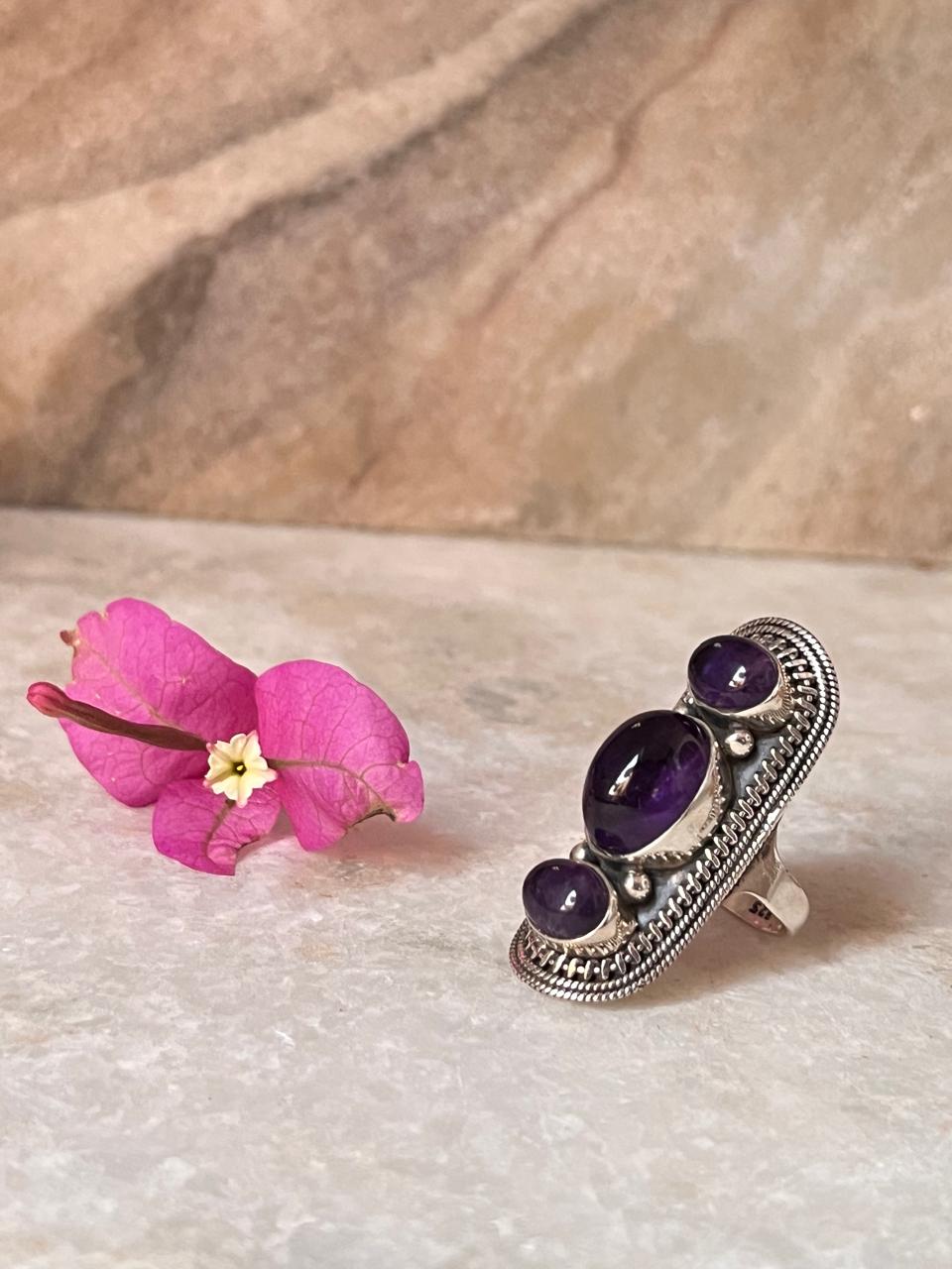 Amethyst Big Boho Handcrafted Statement 925 Sterling Silver Ring