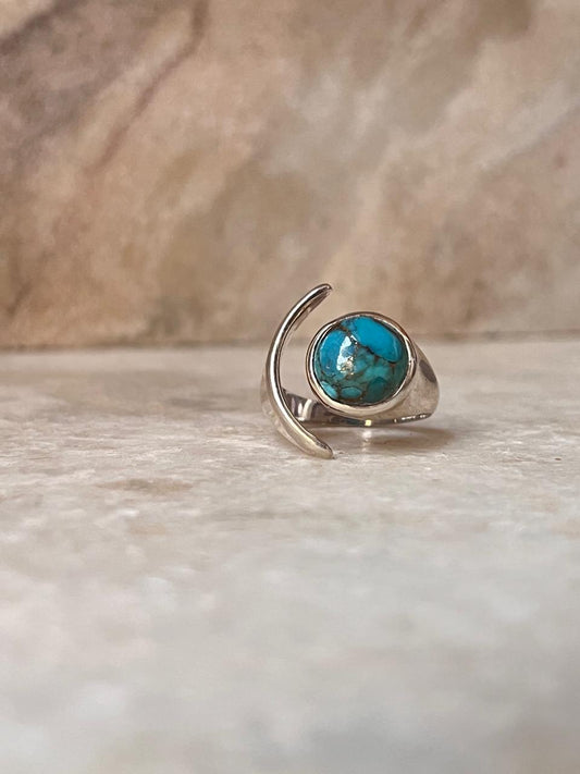 Copper Turquoise Moon Adjustable 925 Sterling Silver Ring