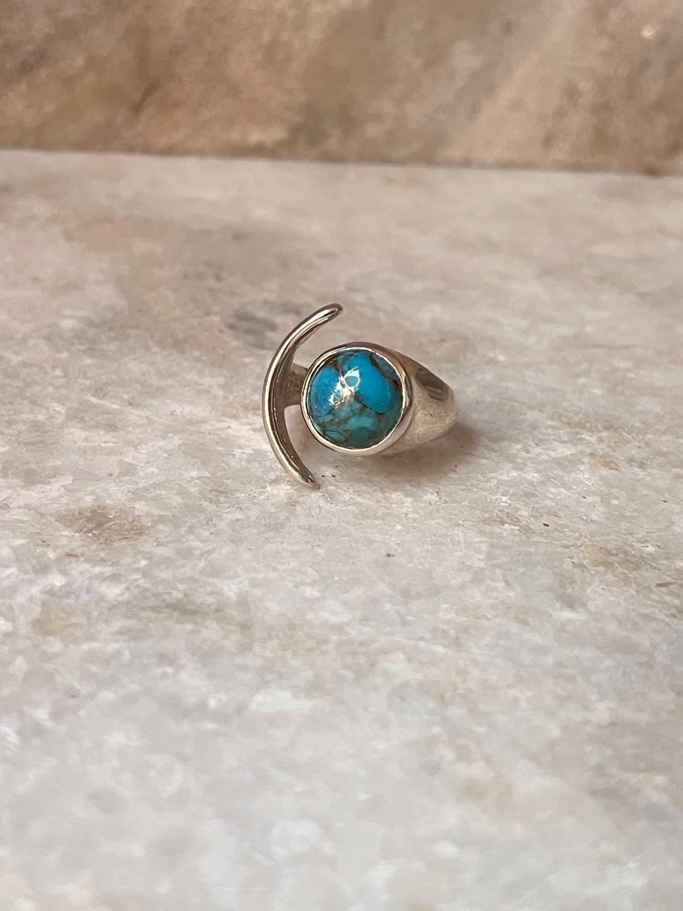 Copper Turquoise Moon Adjustable 925 Sterling Silver Ring