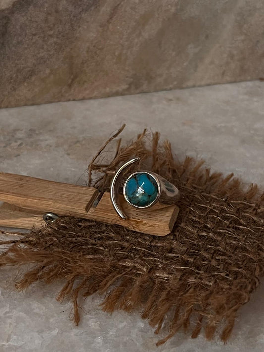 Copper Turquoise Moon Adjustable 925 Sterling Silver Ring