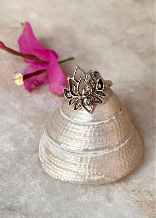 Boho 925 Sterling Silver Lotus Flower Statement Ring