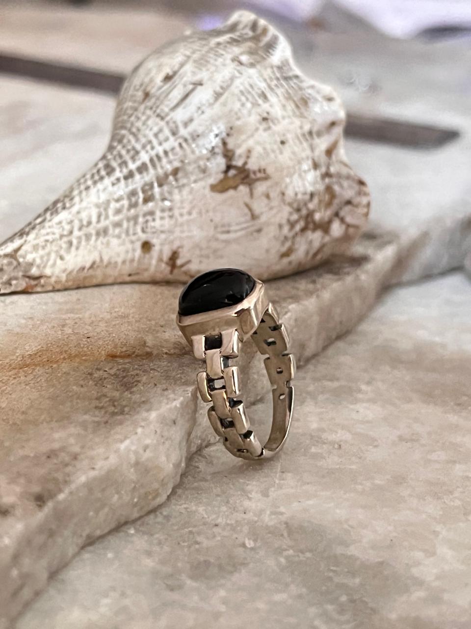 Black Onyx Cuban Link Band 925 Sterling Silver Ring