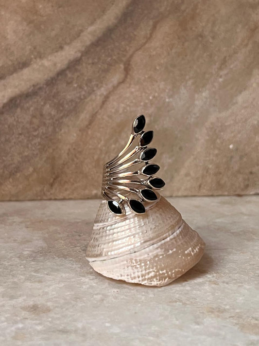 Black Onyx Feather Statement 925 Sterling Silver Ring
