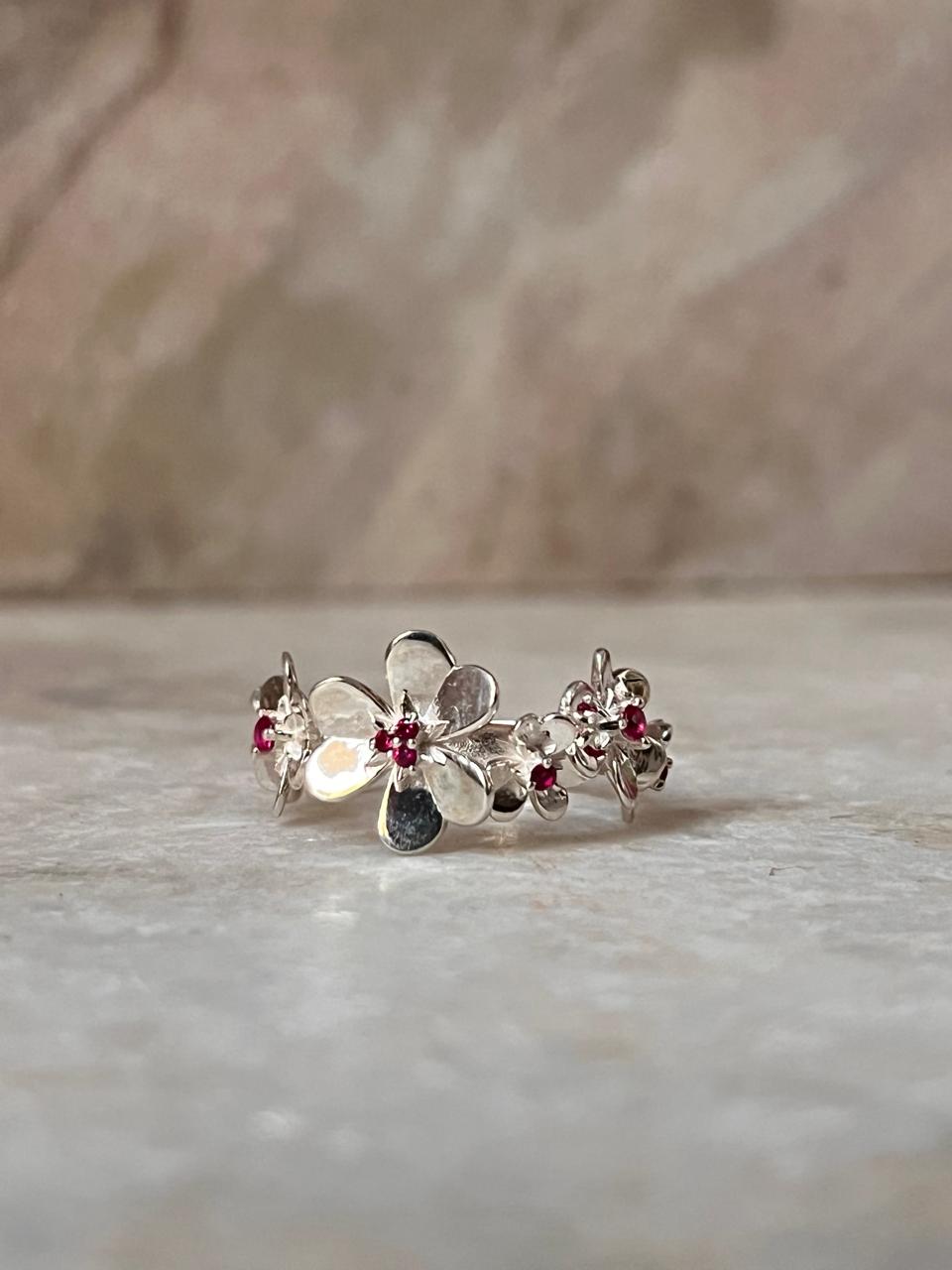 Ruby Lab Grown flowers Bouquet Adjustable Statement 925 Sterling Silver Ring