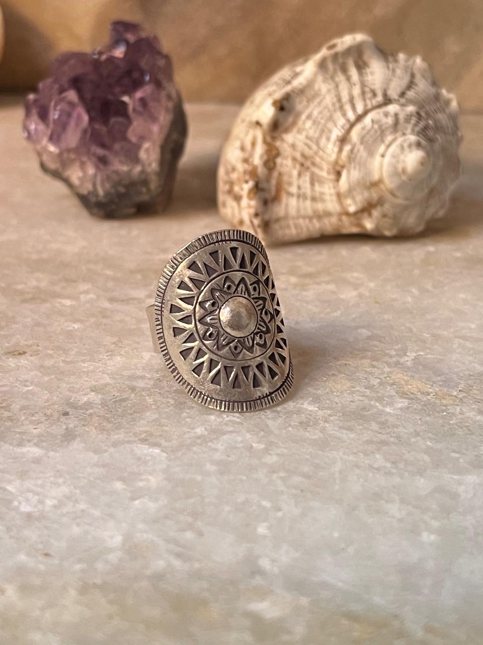 Sun Mandala Bohemian Handmade Statement Adjustable 925 Sterling Silver Ring