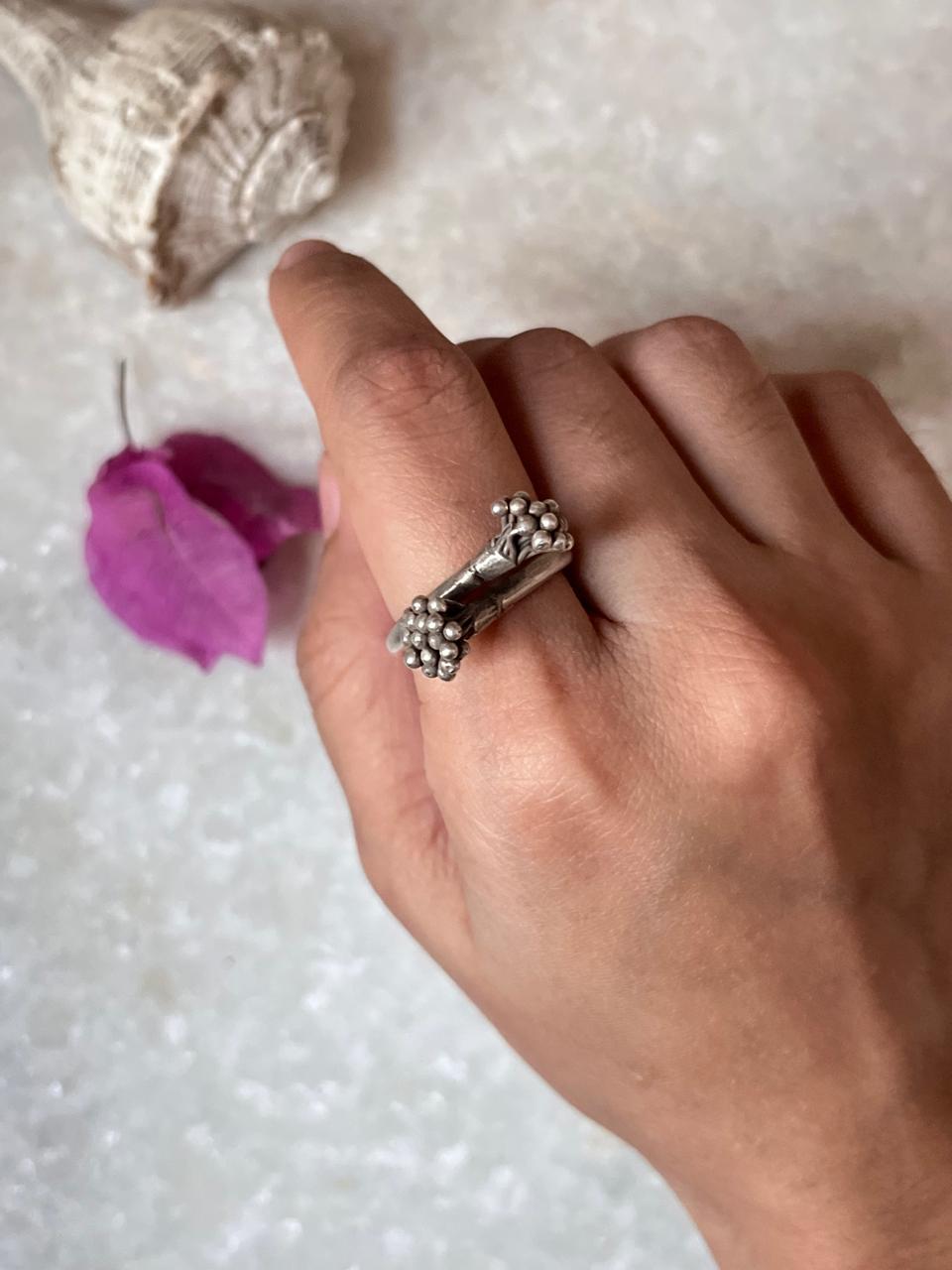 Bohemian Imported Handcrafted Flower Bunch Adjustable 925 Sterling Silver Ring