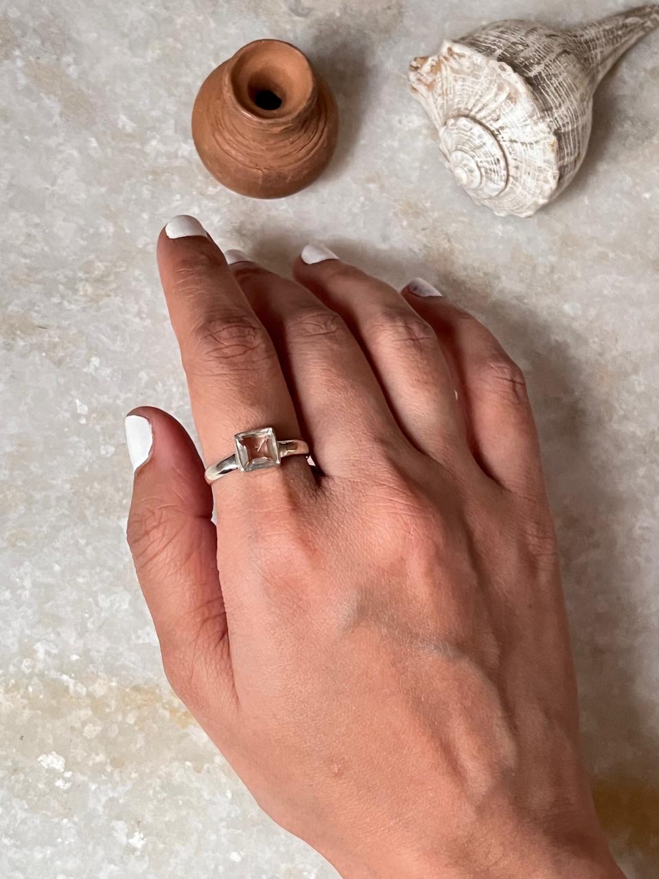 Clear Quartz /Sphatik Square Cut 925 Sterling Silver Ring