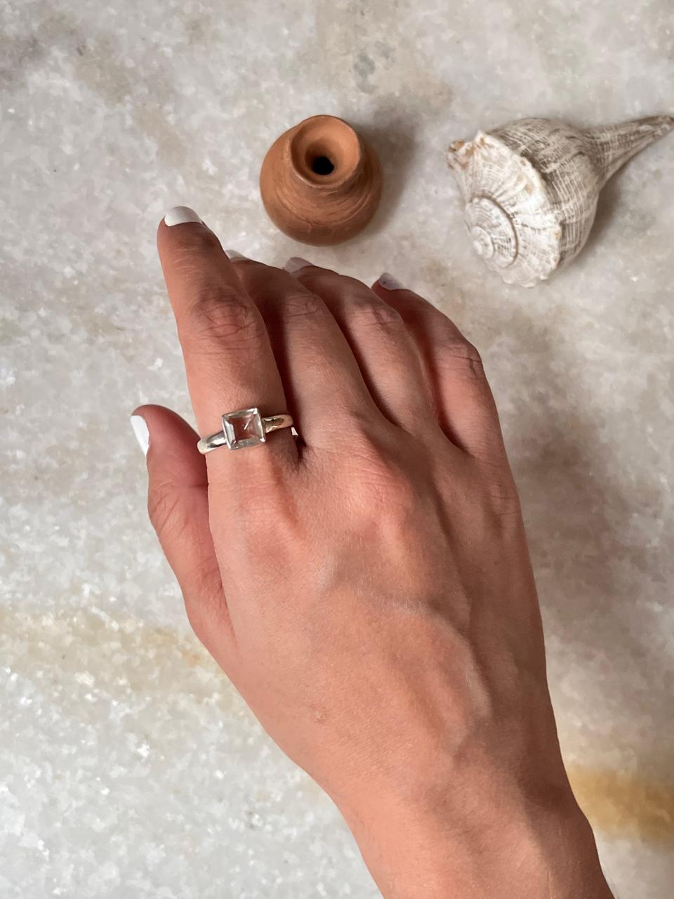 Clear Quartz /Sphatik Square Cut 925 Sterling Silver Ring