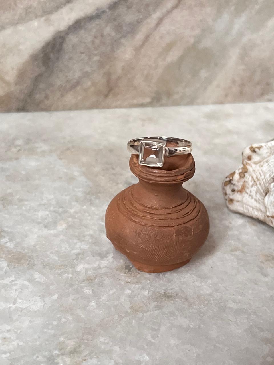 Clear Quartz /Sphatik Square Cut 925 Sterling Silver Ring