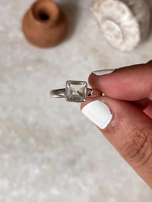 Clear Quartz /Sphatik Square Cut 925 Sterling Silver Ring