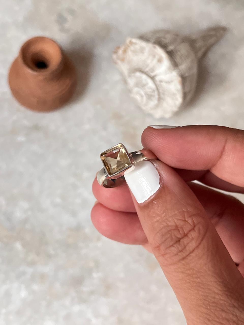 Citrine Square Cut Stone 925 Sterling Silver Ring