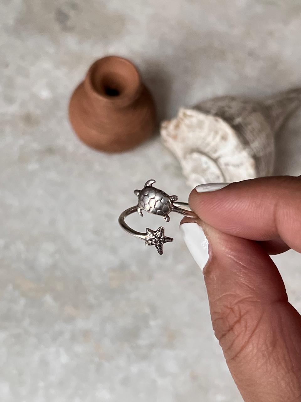 Adjustable Tortoise Starfish 925 Sterling Silver Ring