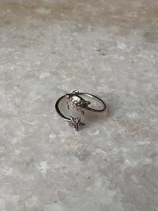Adjustable Tortoise Starfish 925 Sterling Silver Ring