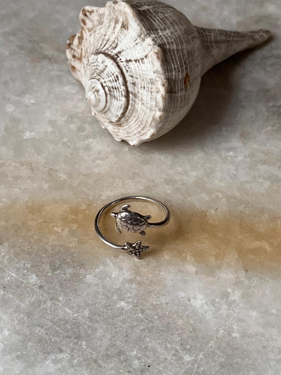Adjustable Tortoise Starfish 925 Sterling Silver Ring