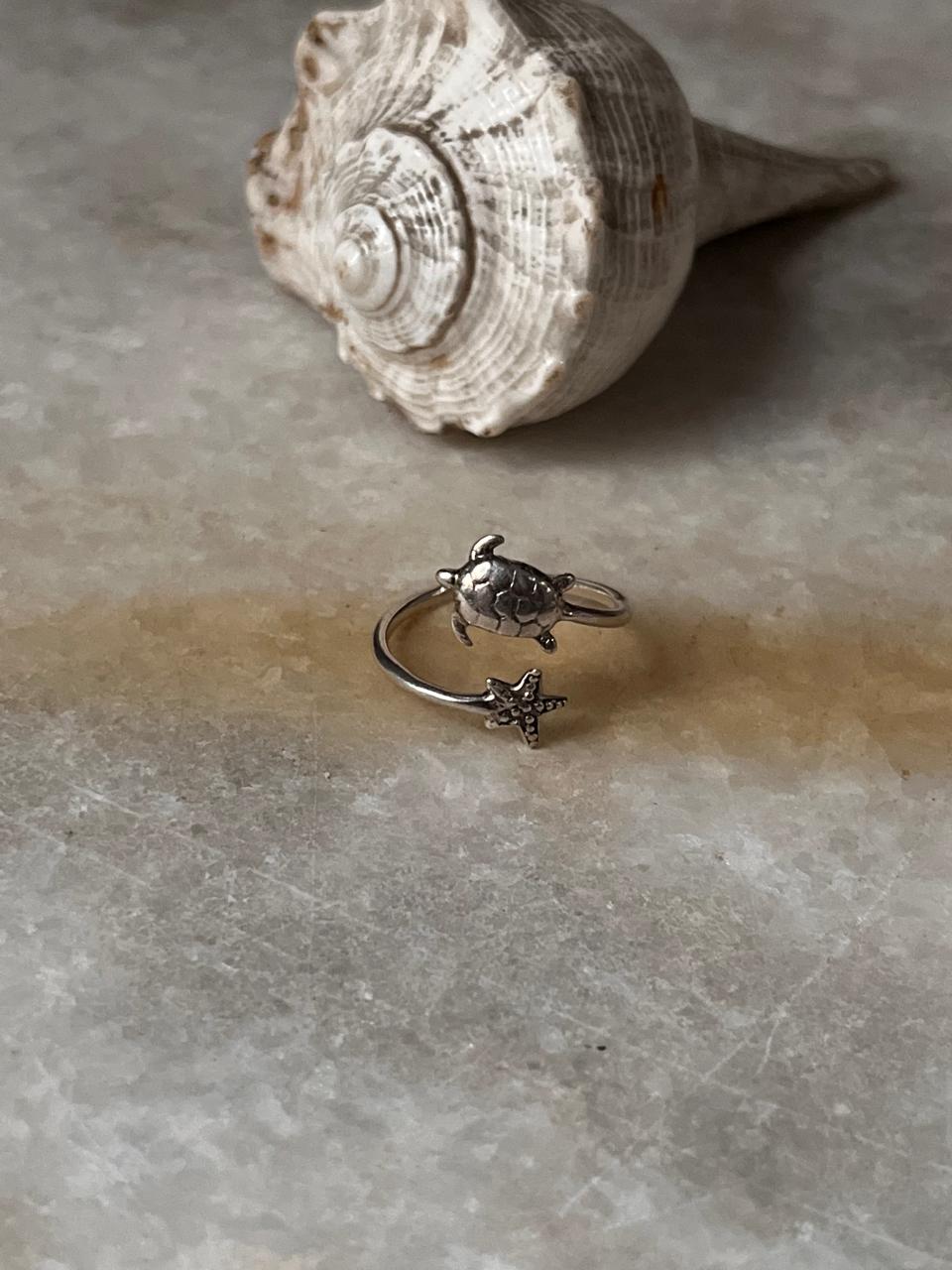 Adjustable Tortoise Starfish 925 Sterling Silver Ring
