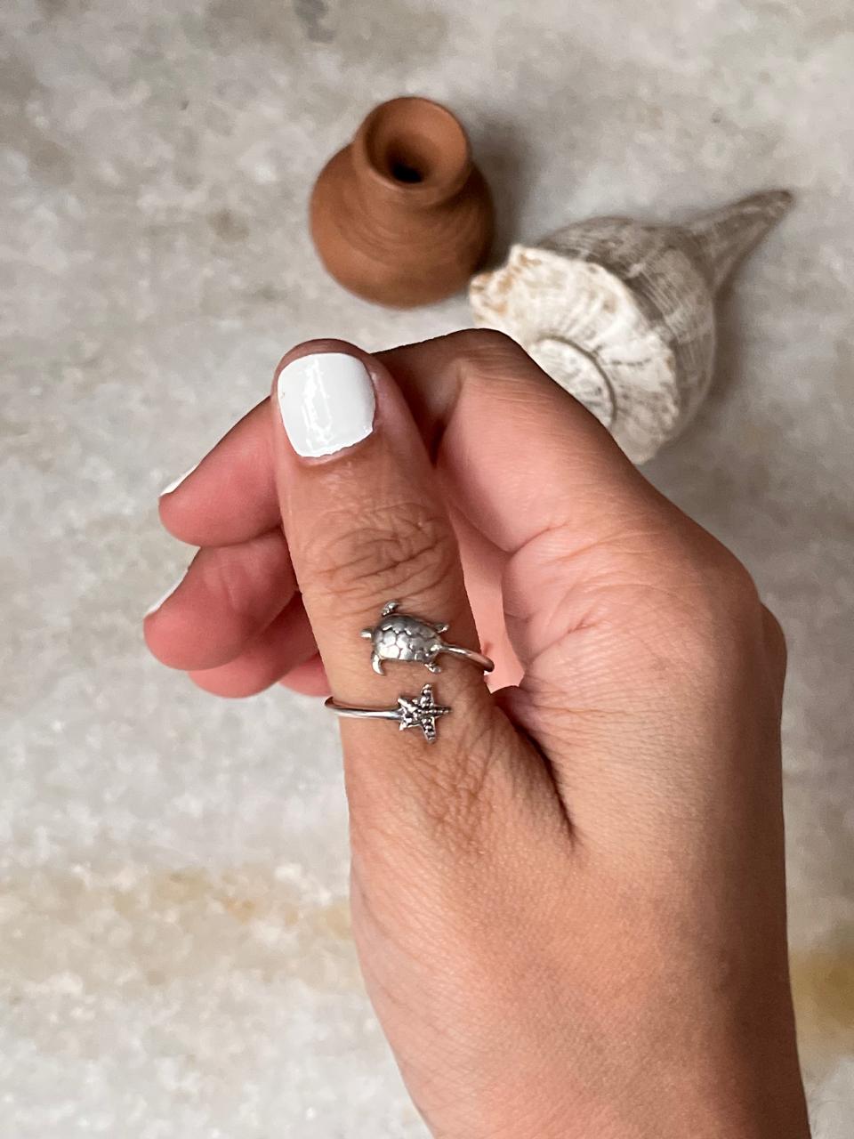 Adjustable Tortoise Starfish 925 Sterling Silver Ring