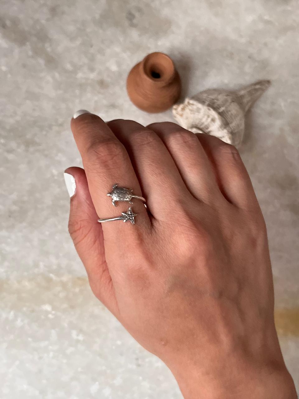 Adjustable Tortoise Starfish 925 Sterling Silver Ring