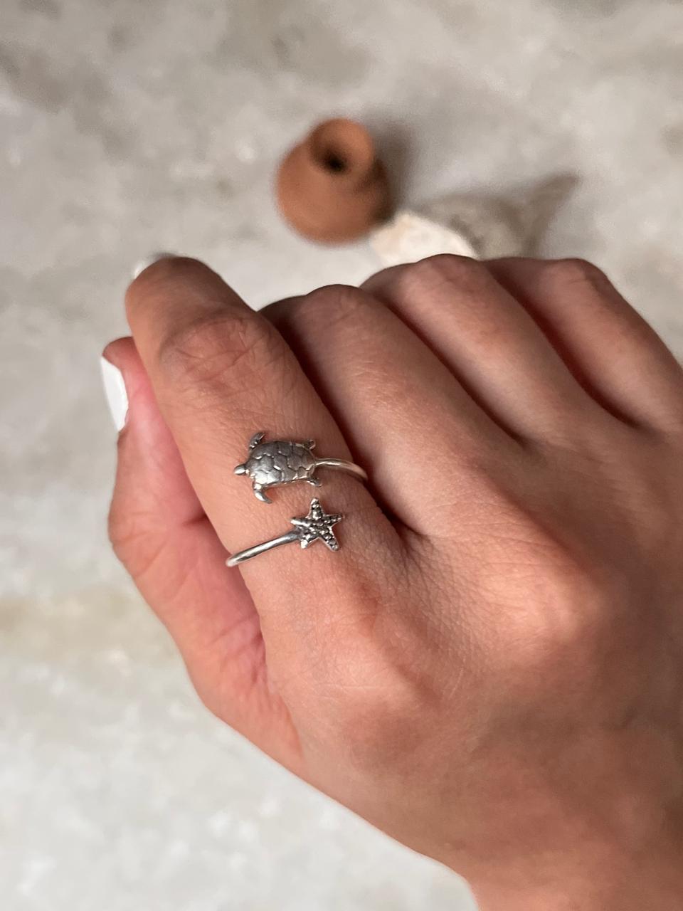 Adjustable Tortoise Starfish 925 Sterling Silver Ring