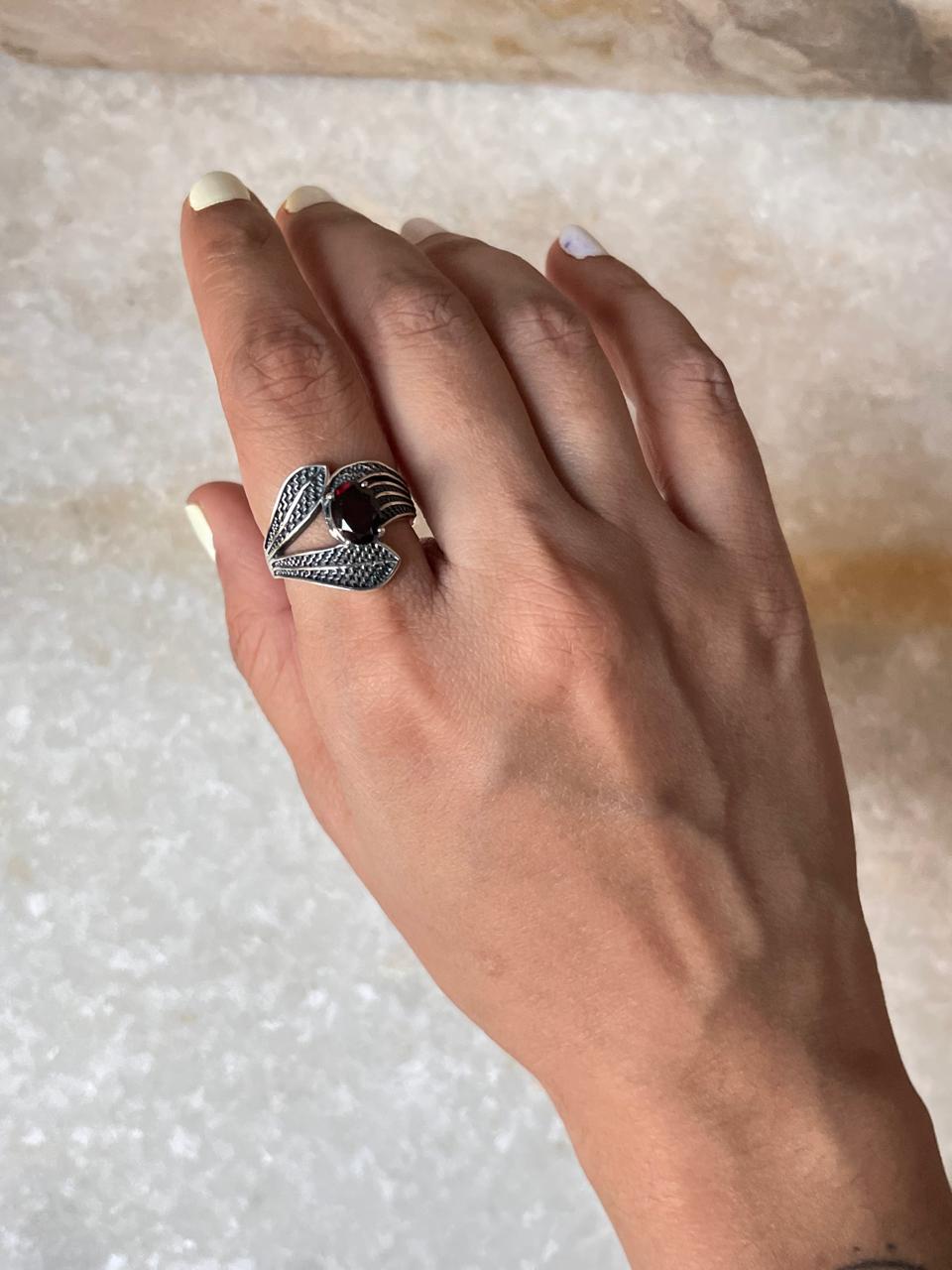 Garnet Leaf Wrap 925 Sterling Silver Ring