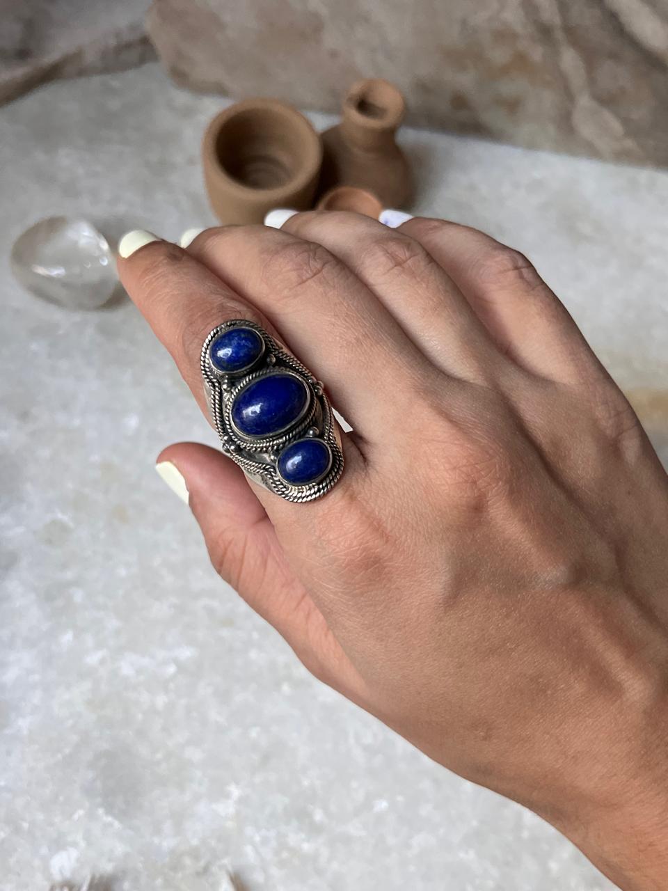 Lapis Lazuli Boho Statement 925 Sterling Silver Ring