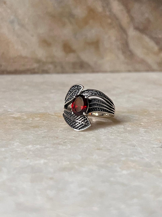 Garnet Leaf Wrap 925 Sterling Silver Ring