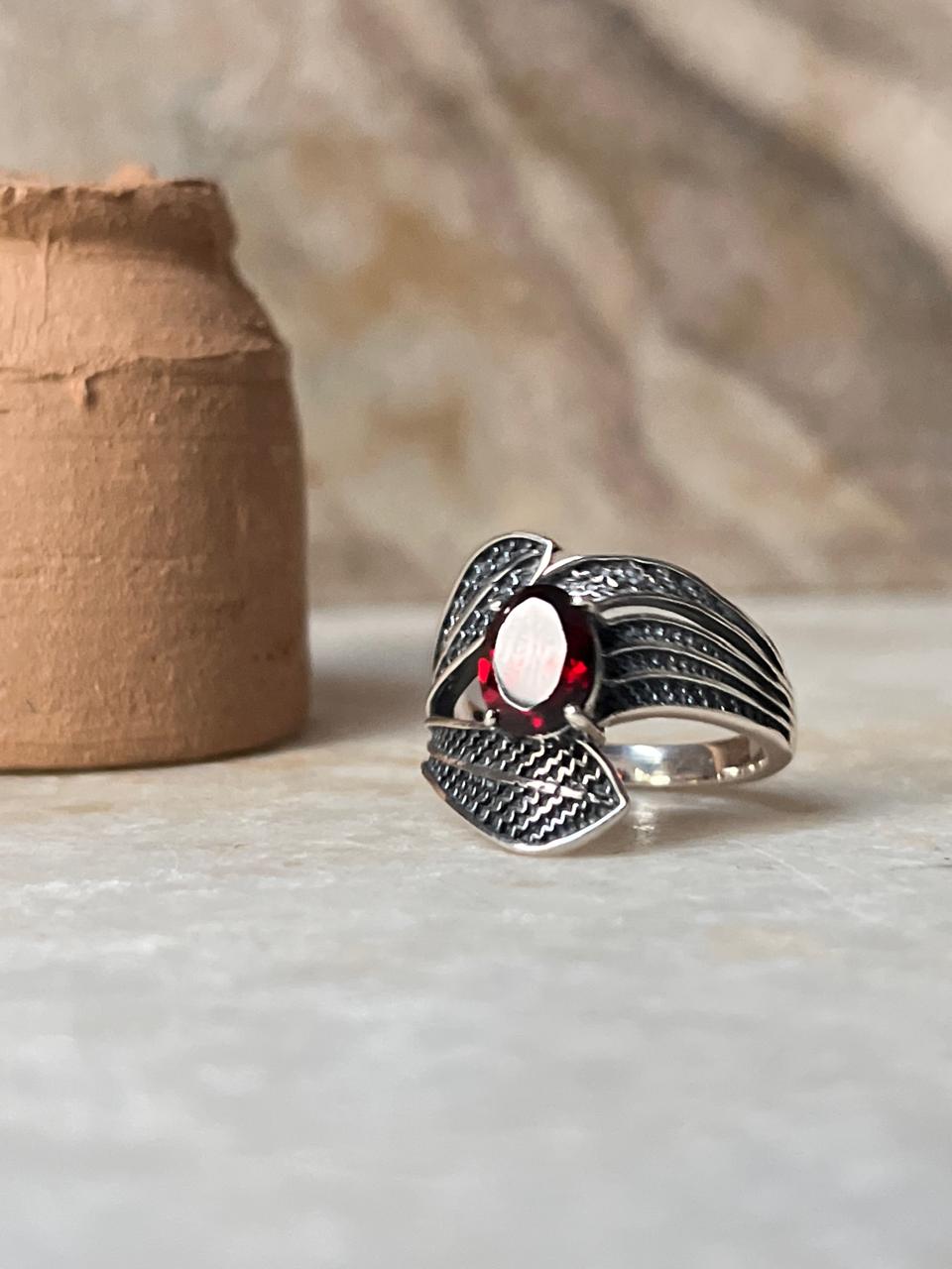 Garnet Leaf Wrap 925 Sterling Silver Ring