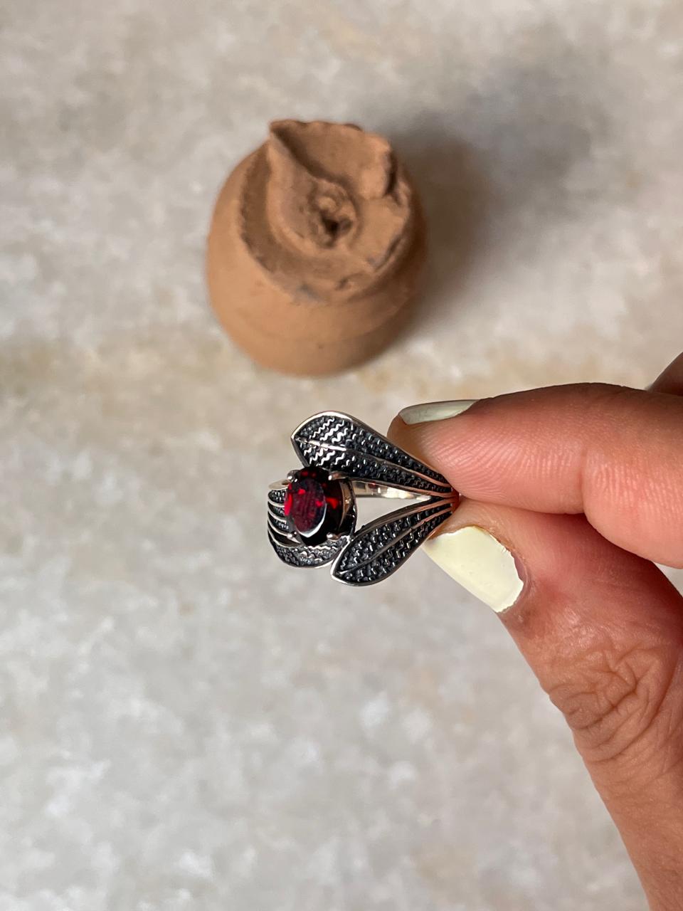 Garnet Leaf Wrap 925 Sterling Silver Ring