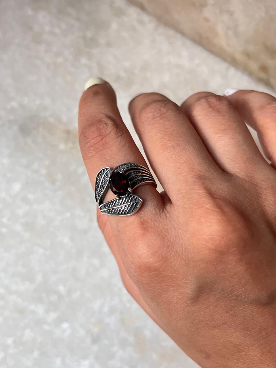Garnet Leaf Wrap 925 Sterling Silver Ring
