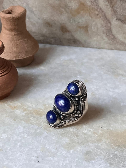Lapis Lazuli Boho Statement 925 Sterling Silver Ring