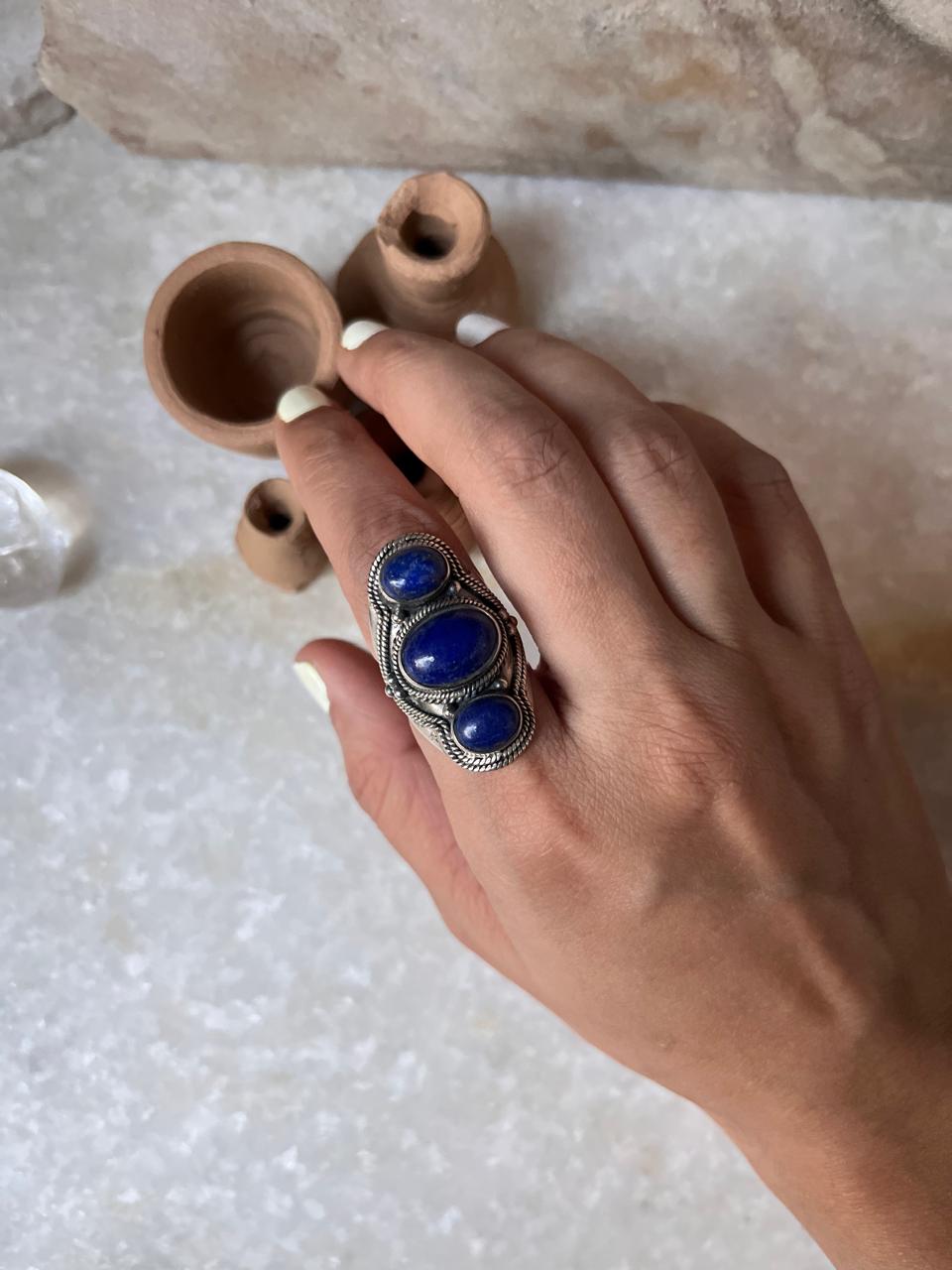 Lapis Lazuli Boho Statement 925 Sterling Silver Ring