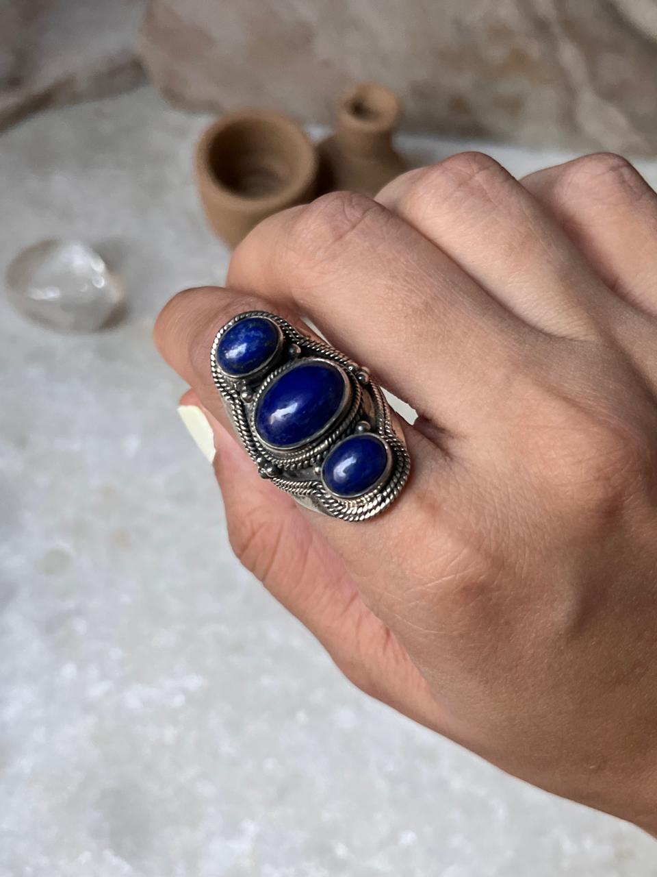 Lapis Lazuli Boho Statement 925 Sterling Silver Ring