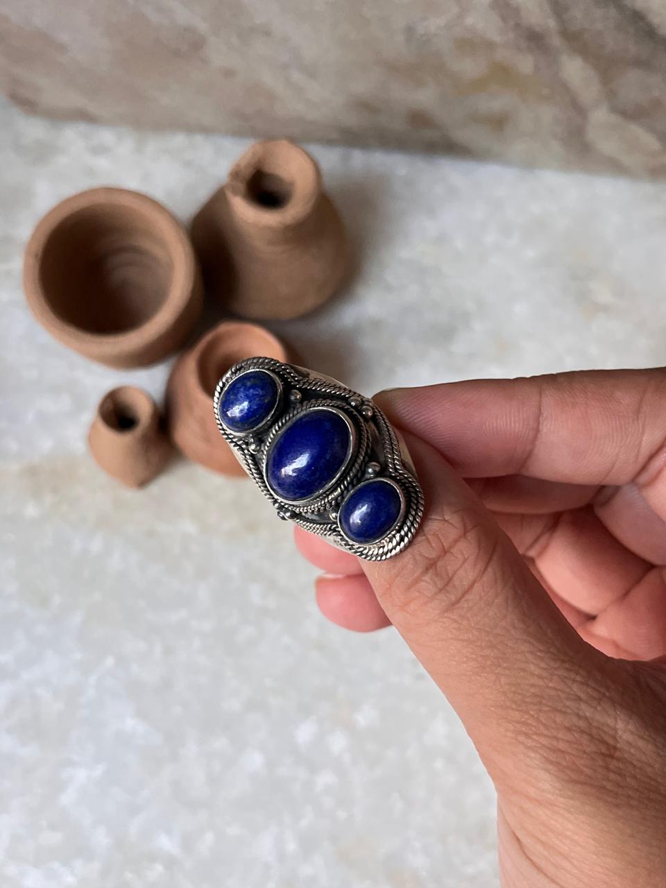 Lapis Lazuli Boho Statement 925 Sterling Silver Ring