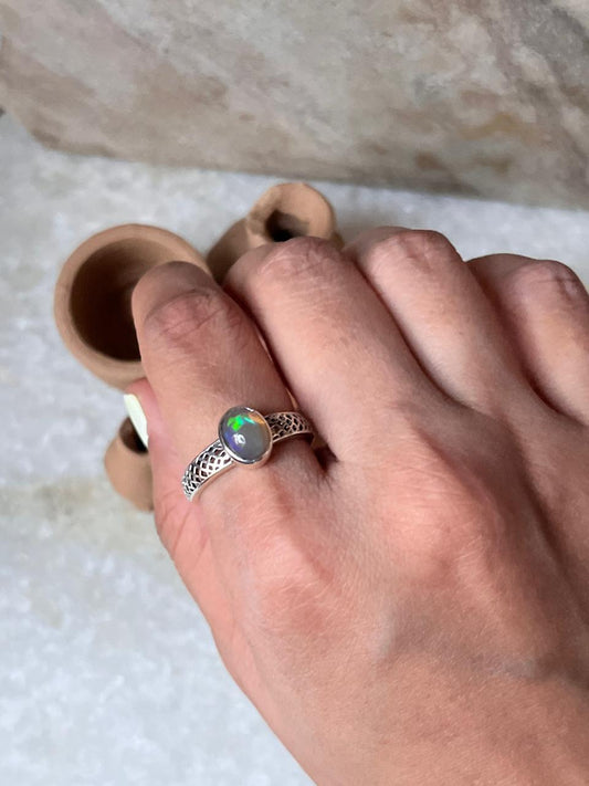 Patterned Band Opal 925 Sterling Silver Ring