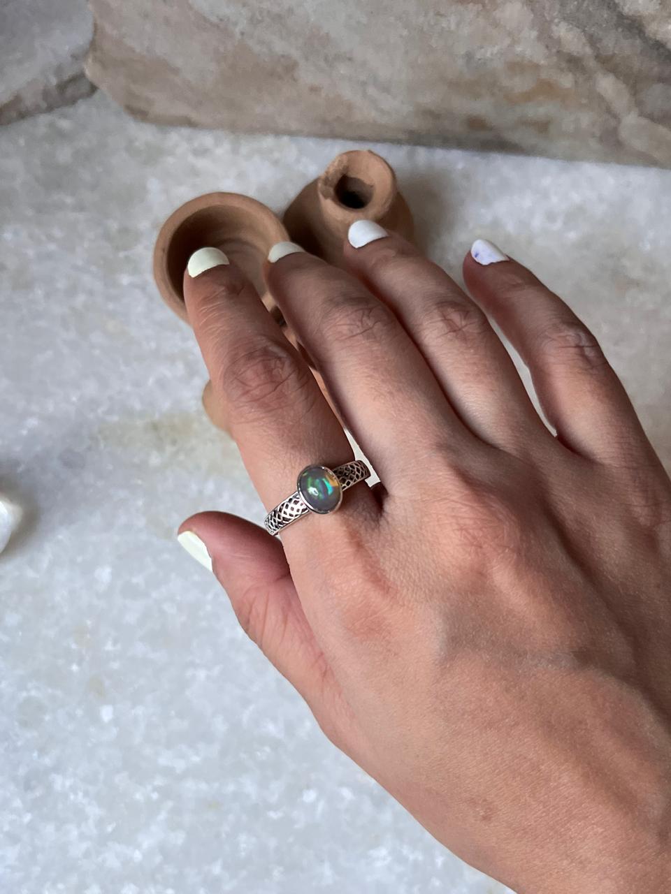 Patterned Band Opal 925 Sterling Silver Ring
