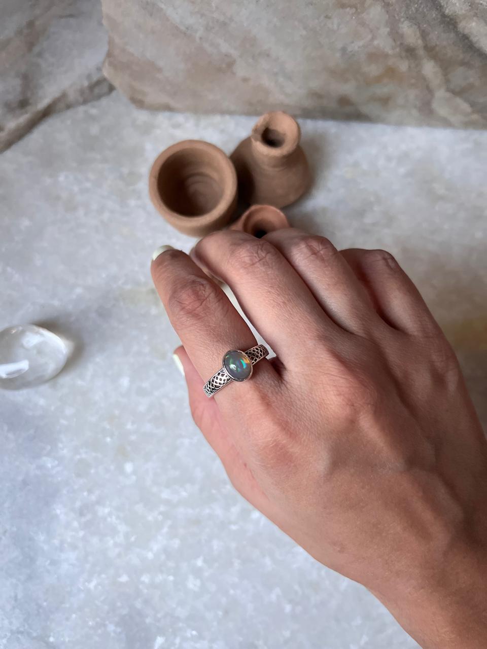 Patterned Band Opal 925 Sterling Silver Ring