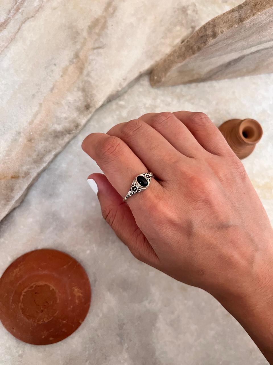 Black Onyx Flower 925 Sterling Silver Ring