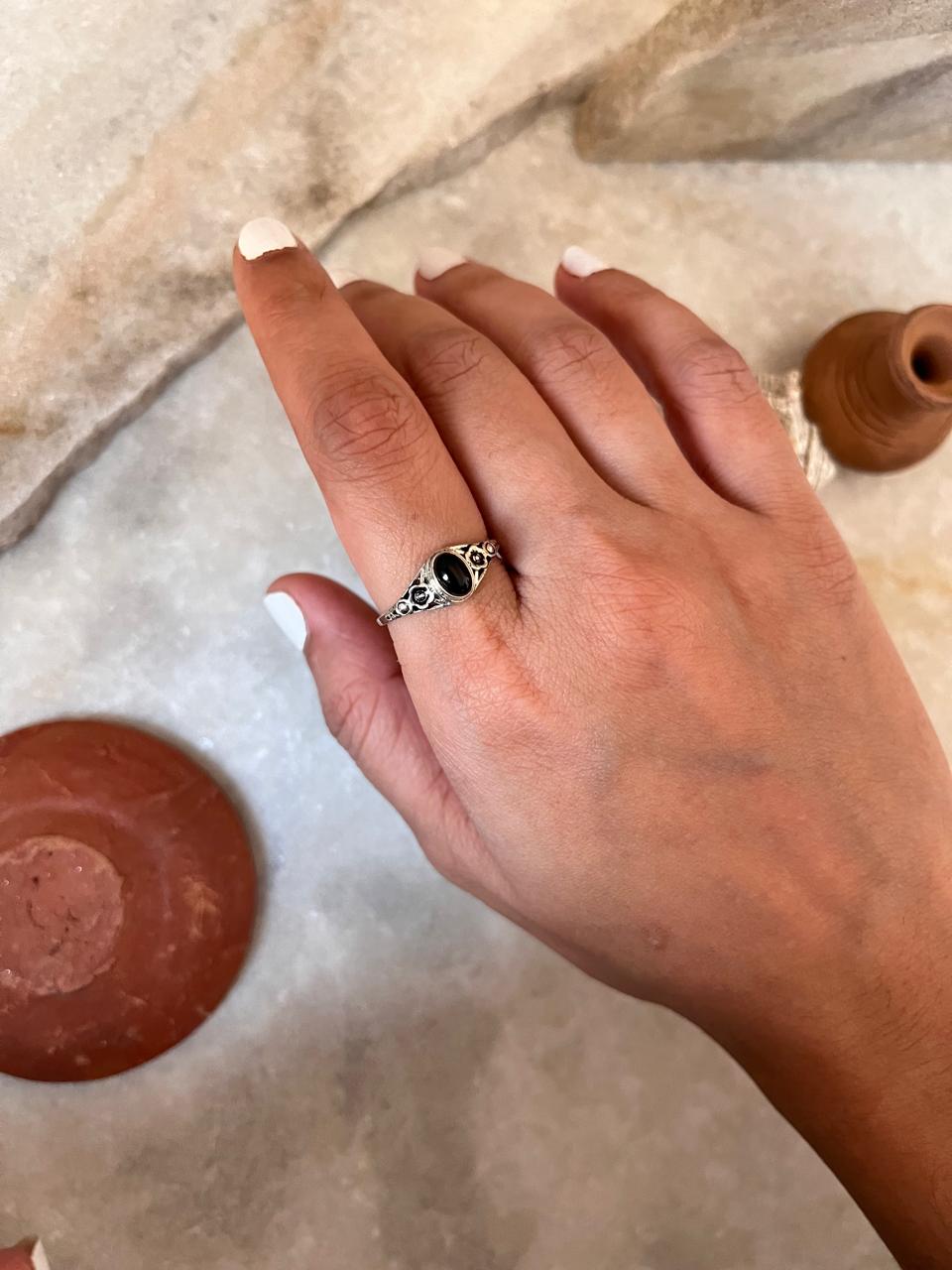 Black Onyx Flower 925 Sterling Silver Ring