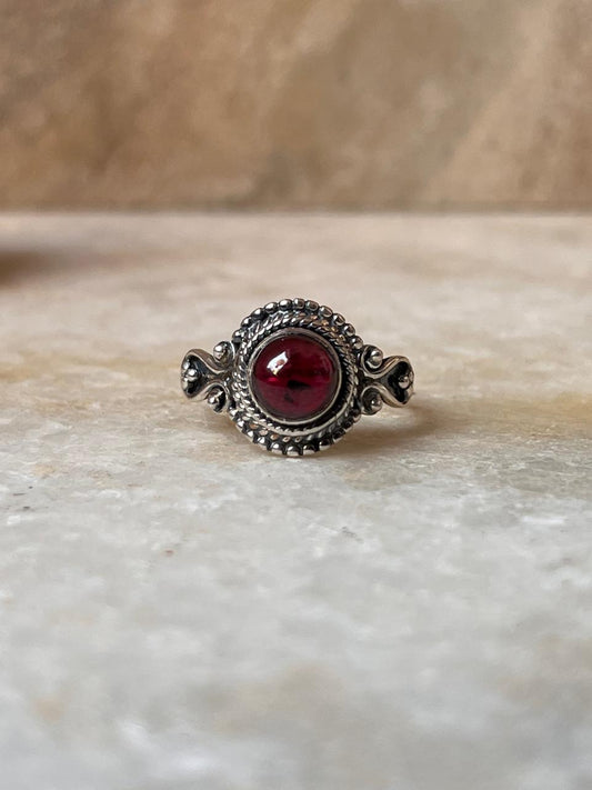 Garnet Round Boho 925 Sterling Silver Ring