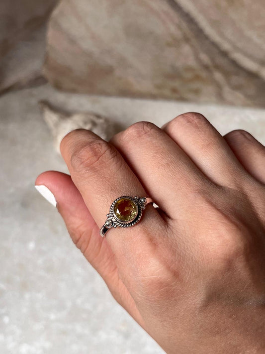 Unisex Boho Citrine Round 925 Sterling Silver Ring