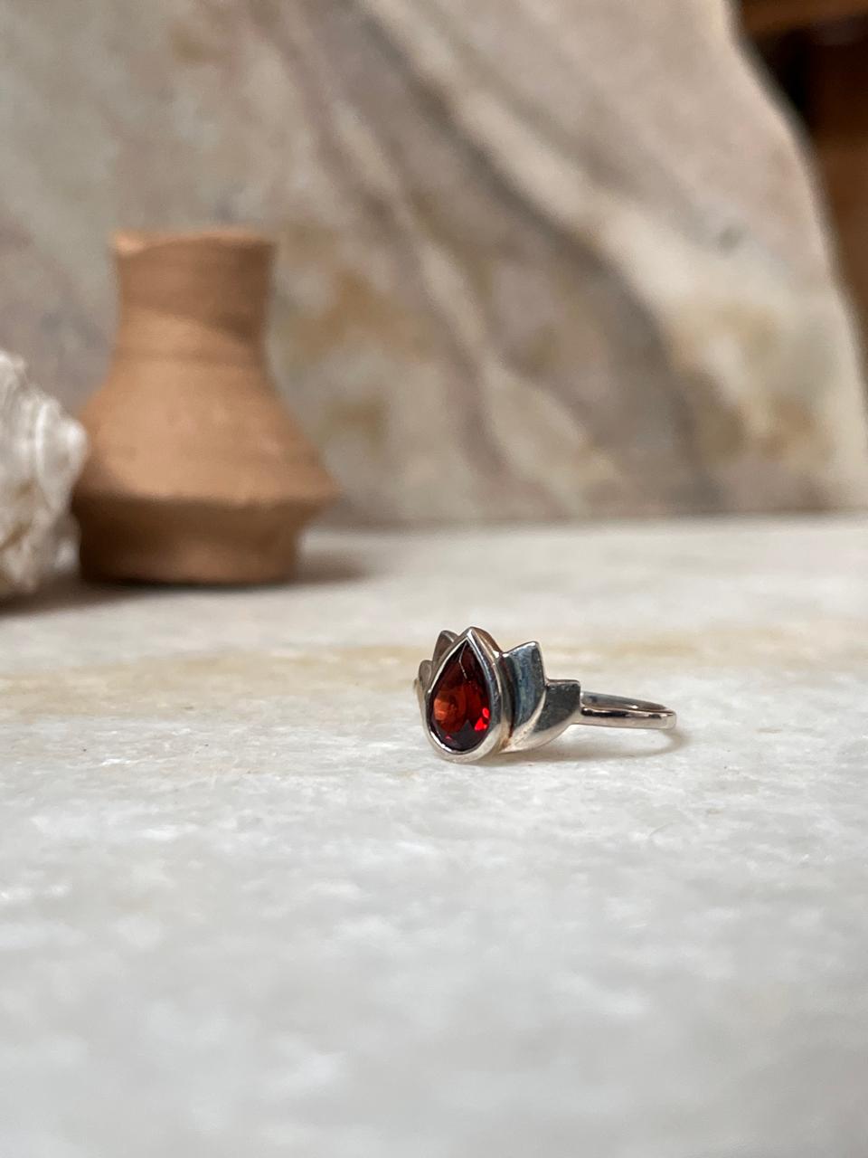 Garnet Divine Lotus 925 Sterling Silver Ring