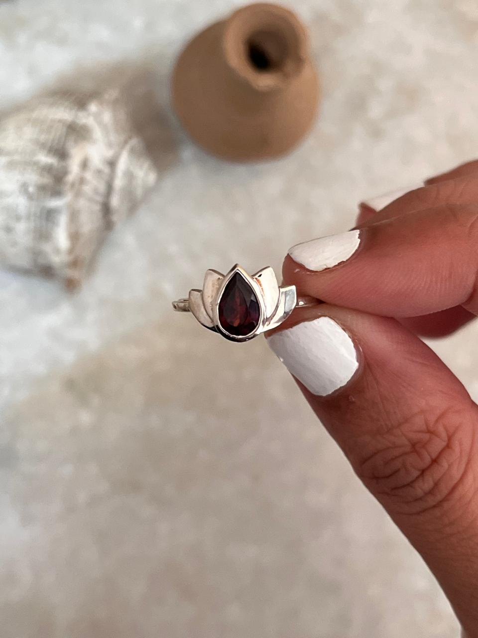 Garnet Divine Lotus 925 Sterling Silver Ring