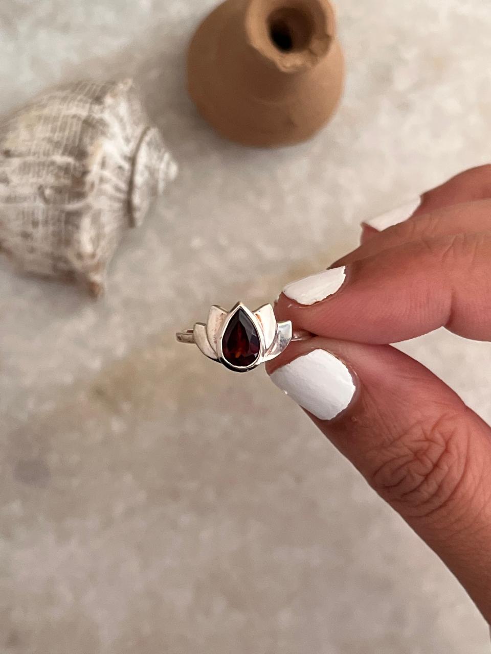 Garnet Divine Lotus 925 Sterling Silver Ring