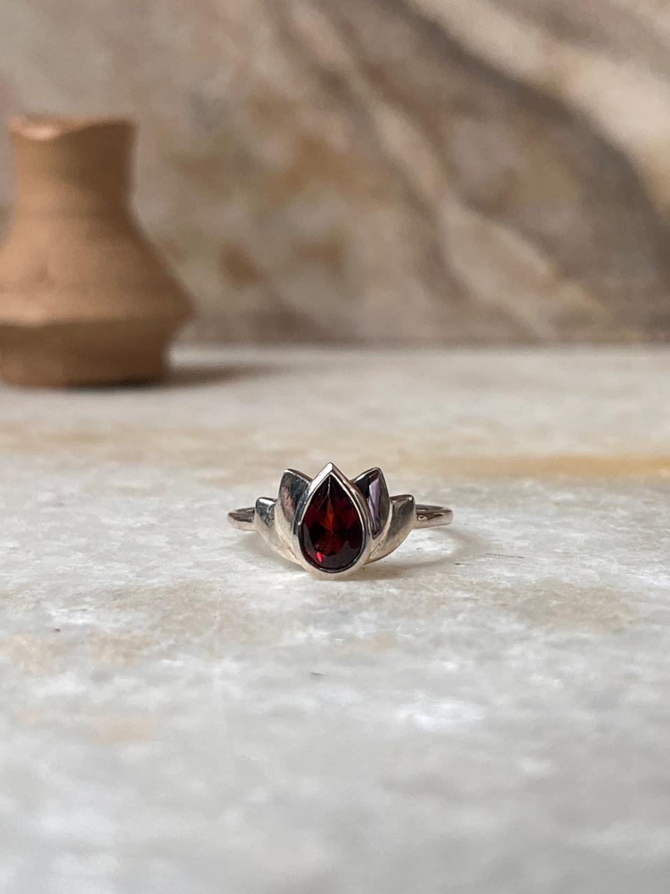 Garnet Divine Lotus 925 Sterling Silver Ring