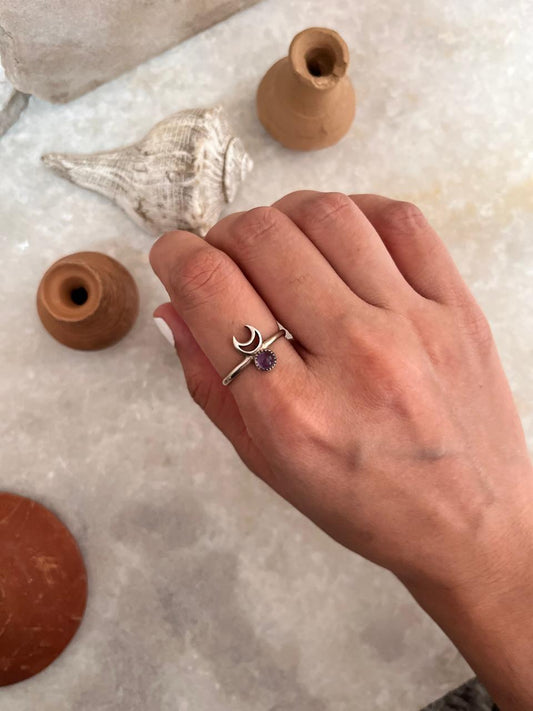 Amethyst gemstone moon ring in 925 sterling silver  