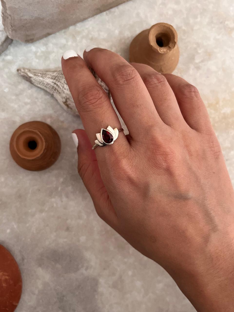 Garnet Divine Lotus 925 Sterling Silver Ring