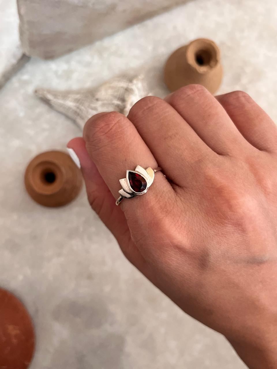 Garnet Divine Lotus 925 Sterling Silver Ring