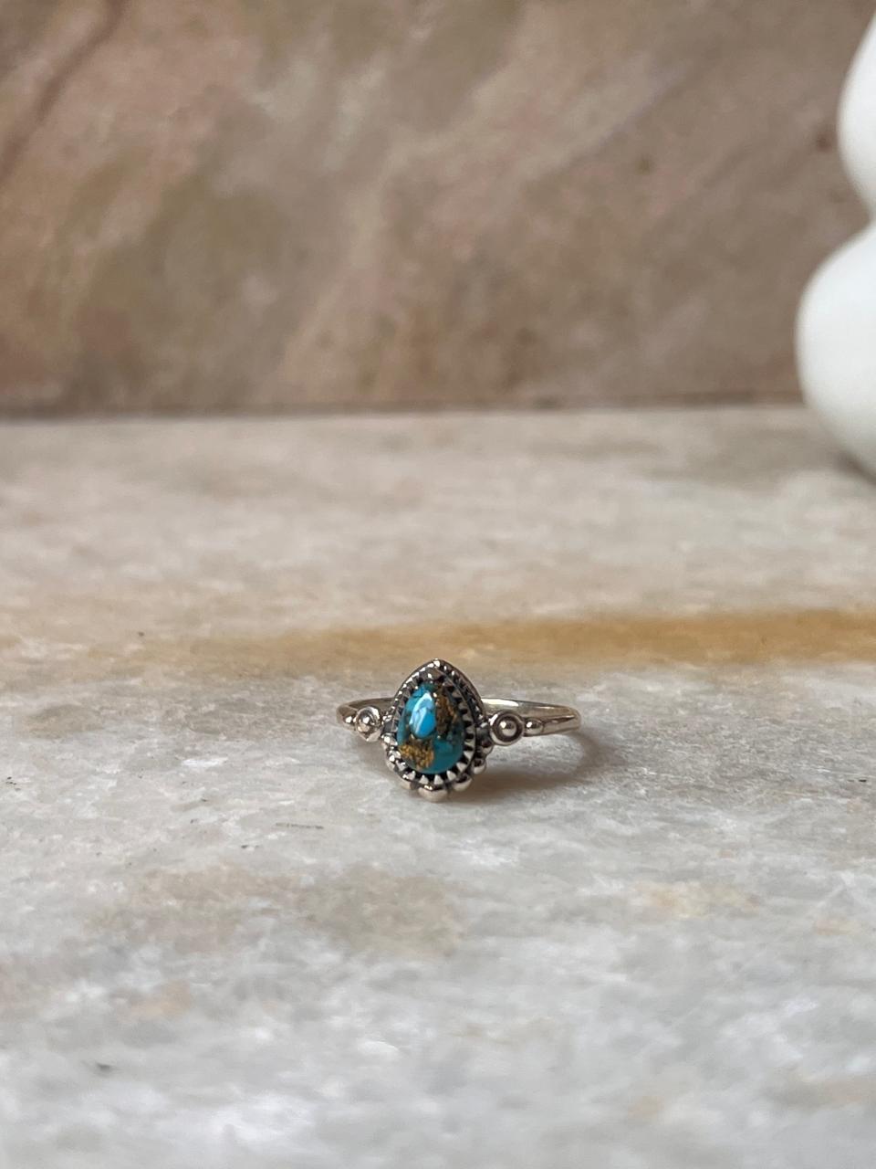 Copper Turquoise Pear Boho 925 Sterling Silver Ring