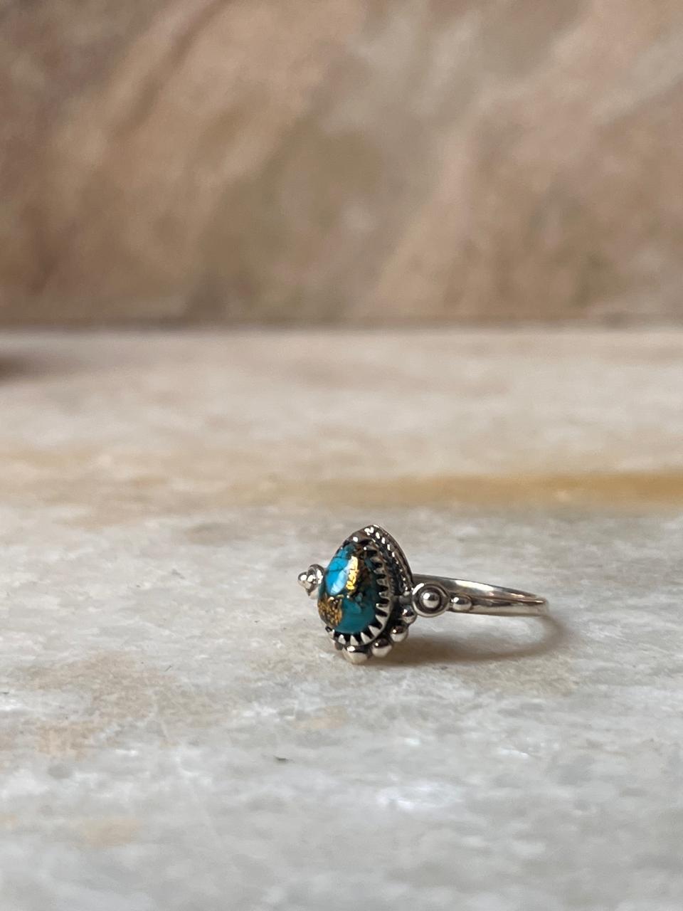 Copper Turquoise Pear Boho 925 Sterling Silver Ring