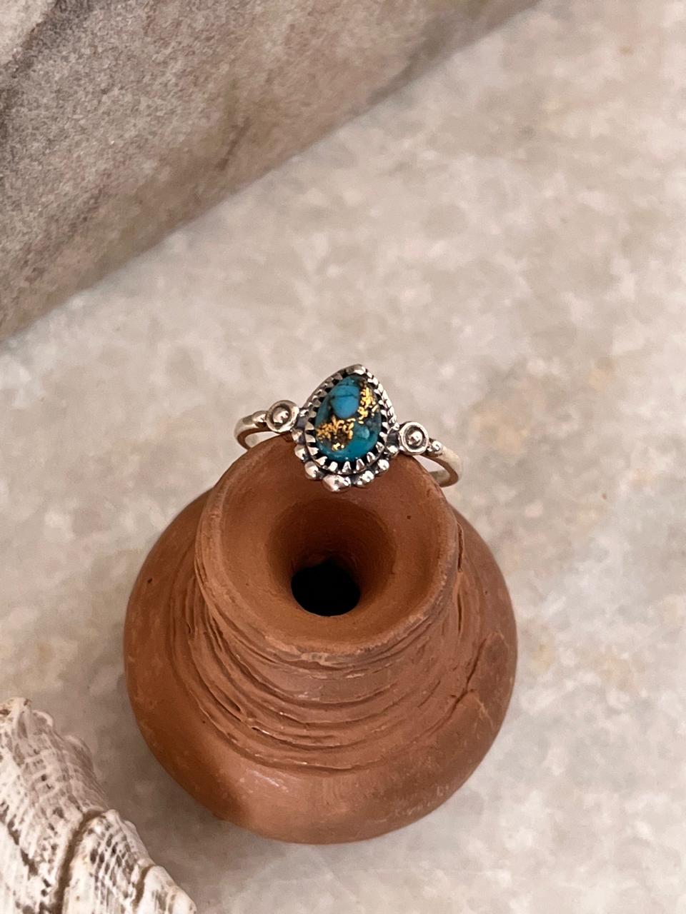 Copper Turquoise Pear Boho 925 Sterling Silver Ring