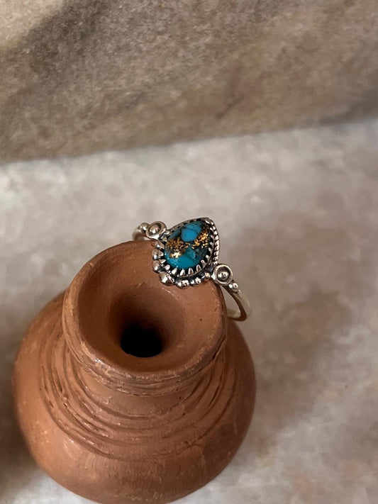 Copper Turquoise Pear Boho 925 Sterling Silver Ring